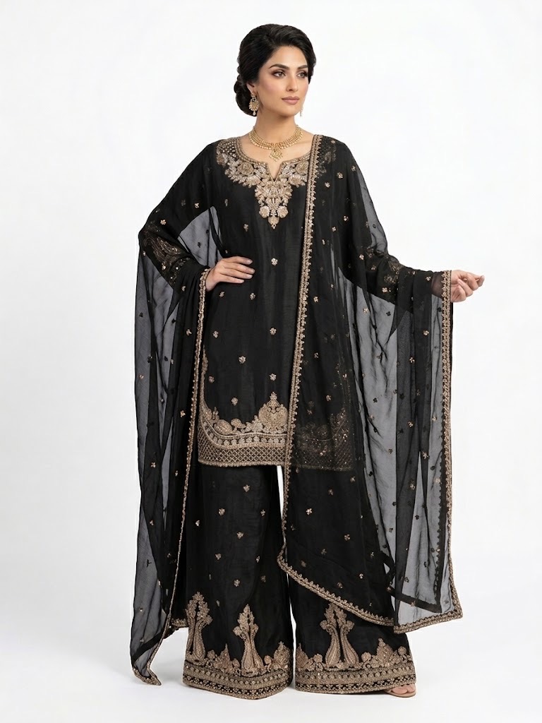 3-Piece Premium Chinon Beaded Embroidered Palazzo Suit